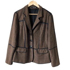 Betty Barclay Blazer Jacket Size 14 Womens Brown Contrast Trim Wool Blend Career